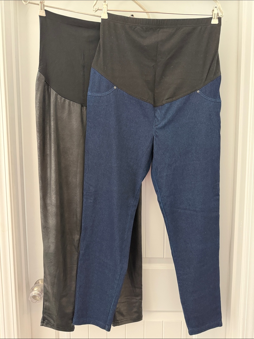 Maternity denim and faux leather leggings